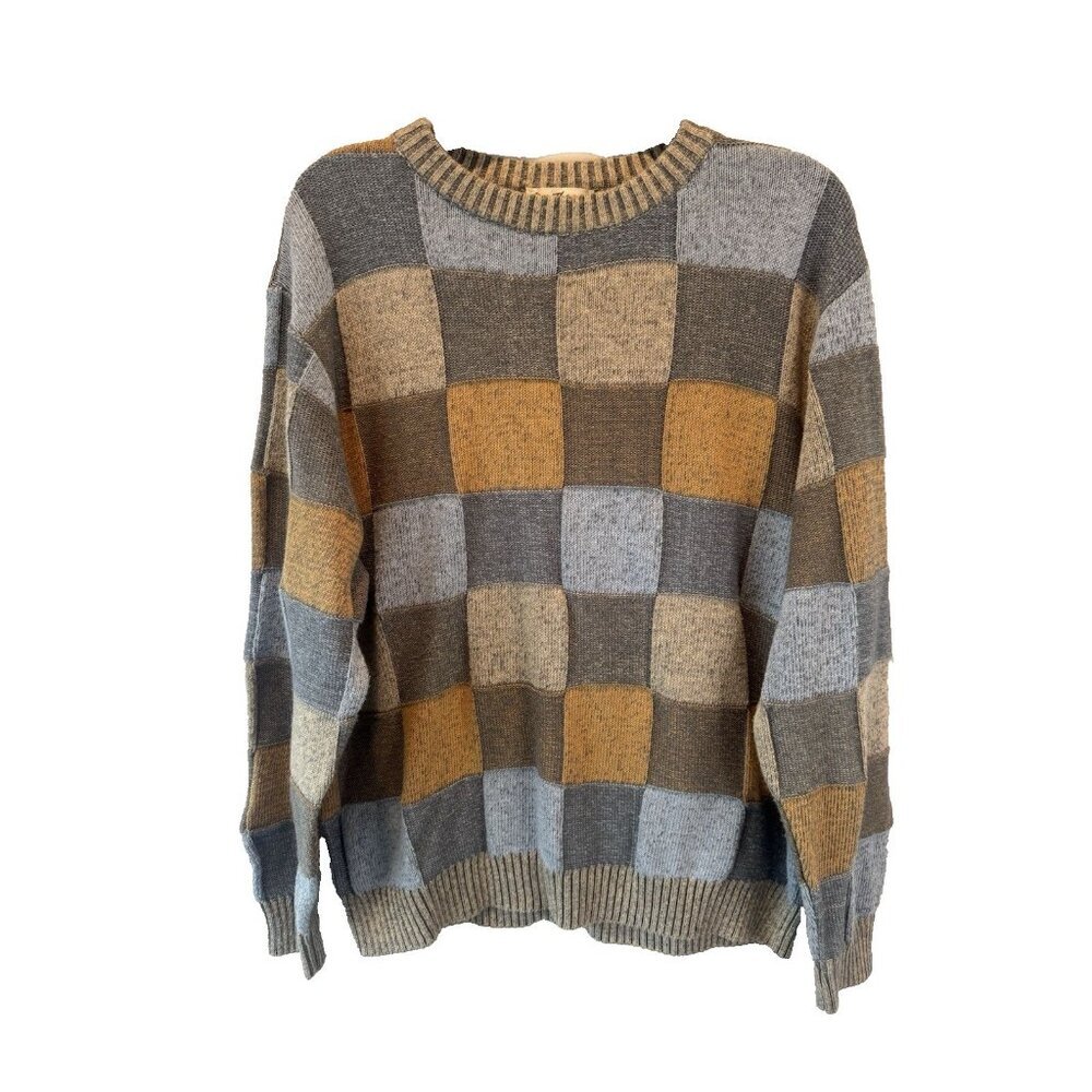VTG Norm Thompson Crewneck Patchwork Color Block Mens Sweater M Grandpa Eclectic